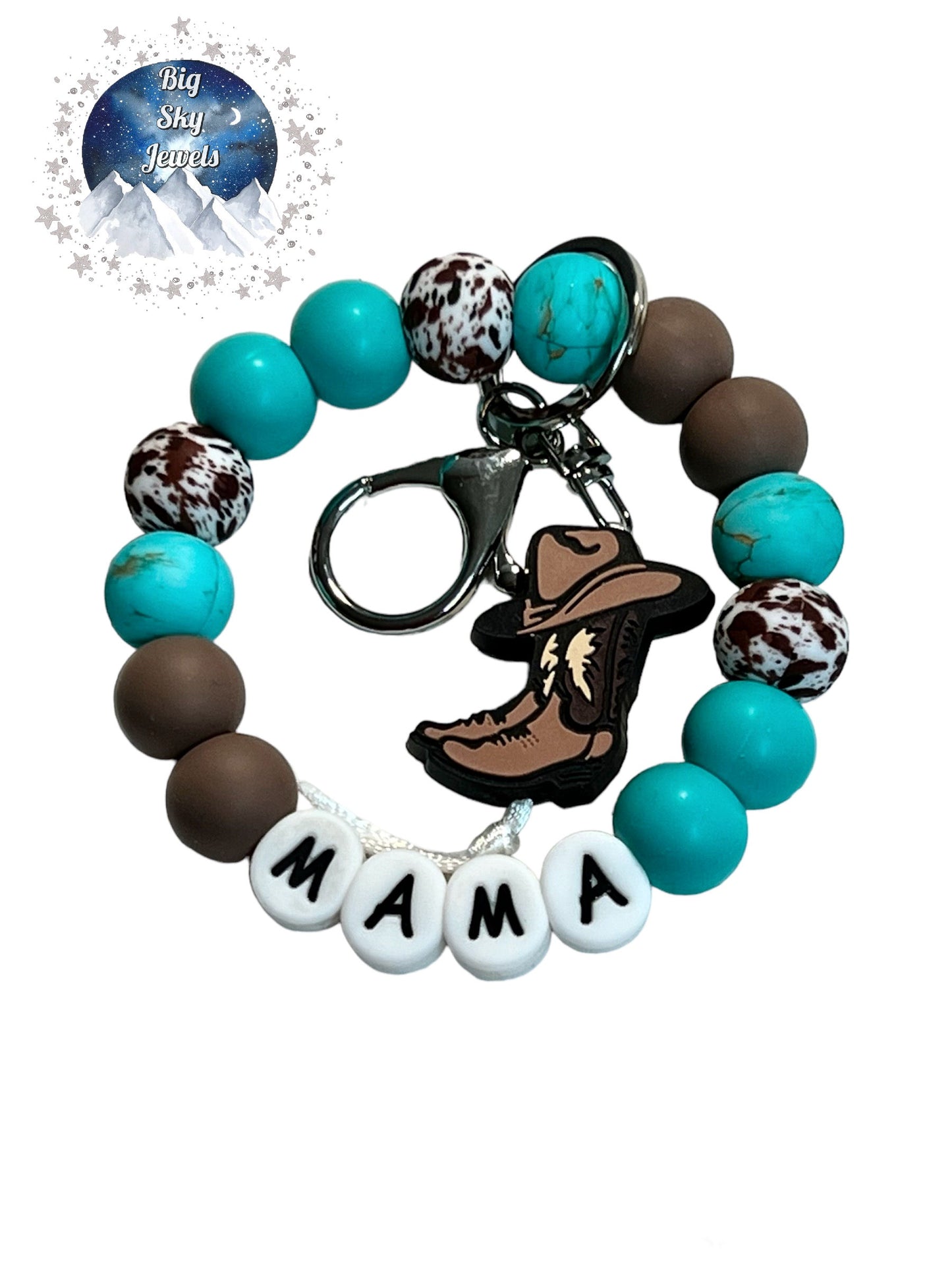Cowboy Hat & Boots Mama Wristlet Keychain Silicone Turquoise Stone, Brown Cow, Turquoise, & Brown Ages 8+ Kids or Ladies Moms Summer Fall Western West