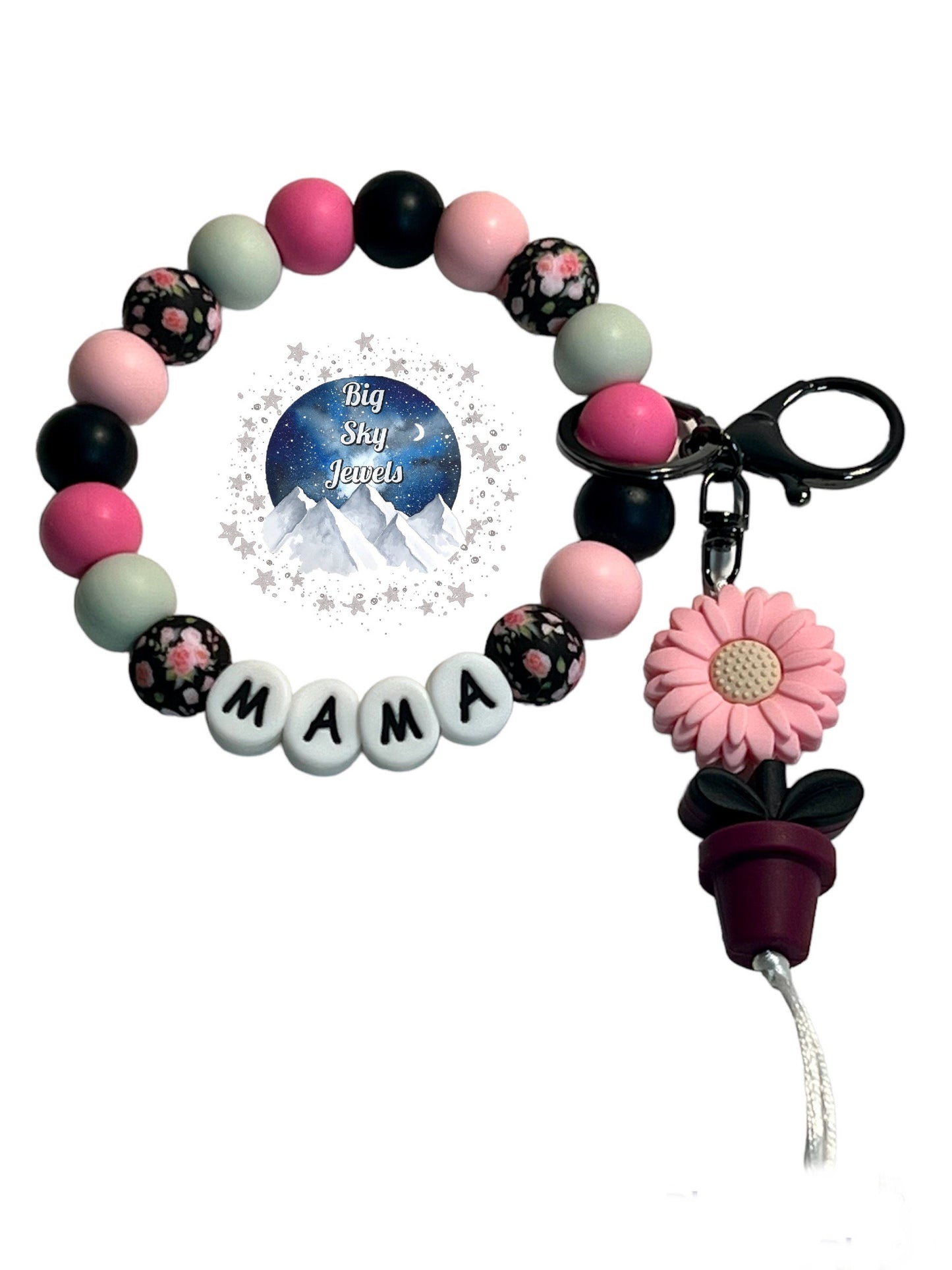 Mama Rose Black Floral Silicone Wristlet Keychain Pink, Black, Floral Print, & Light Green, Ladies Mothers Day Moms Spring Flowers