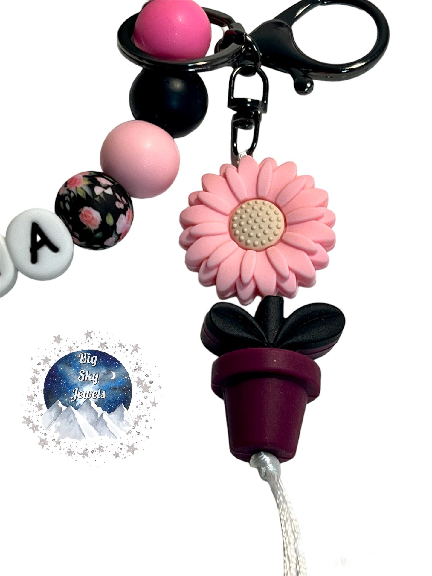 Mama Rose Black Floral Silicone Wristlet Keychain Pink, Black, Floral Print, & Light Green, Ladies Mothers Day Moms Spring Flowers