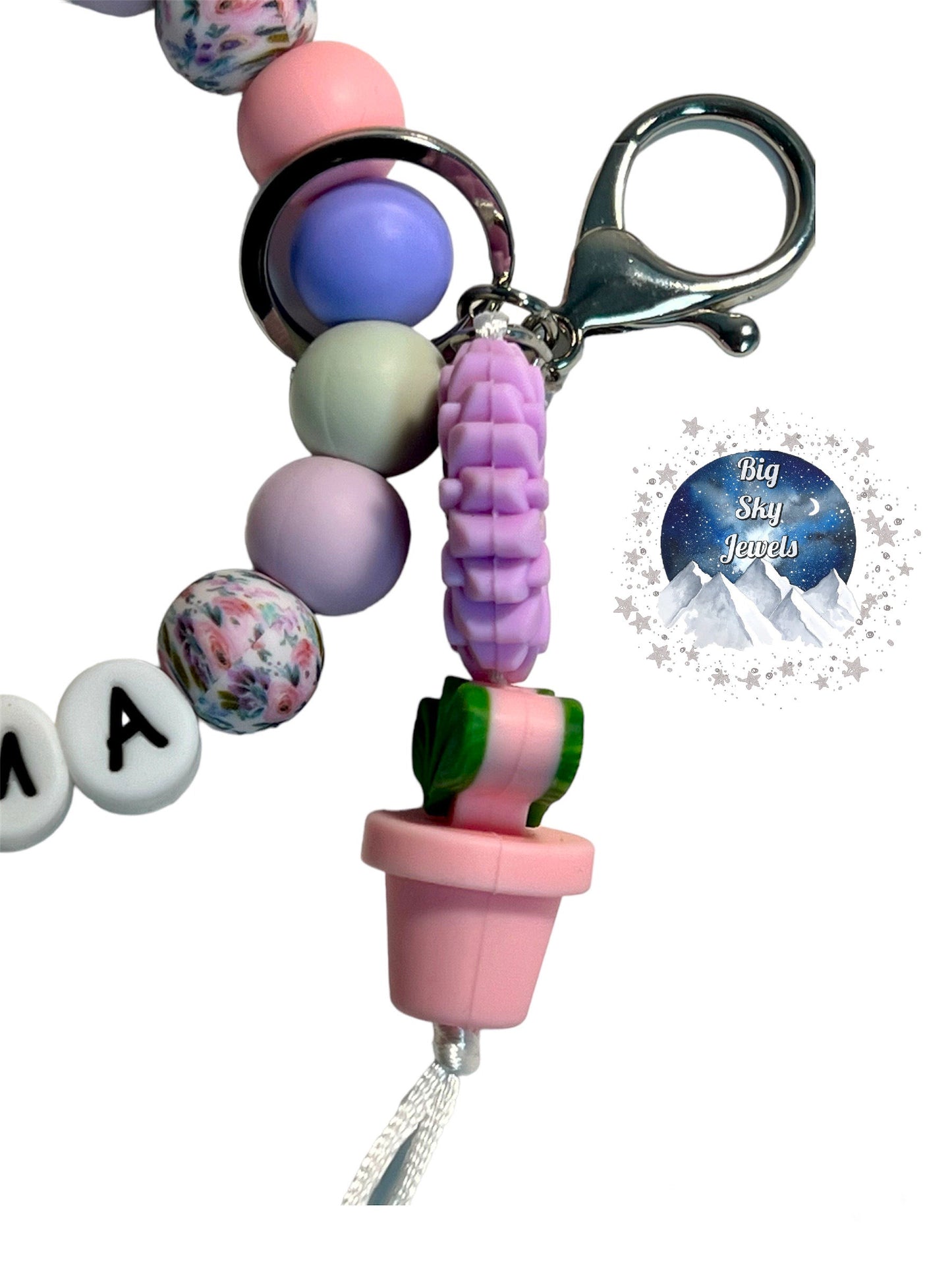 Mama Lilac & Pink Floral Silicone Wristlet Keychain Pink, Light Lilac, Floral Print, Purple & Light Green, Ladies Mothers Day Moms Spring Flowers