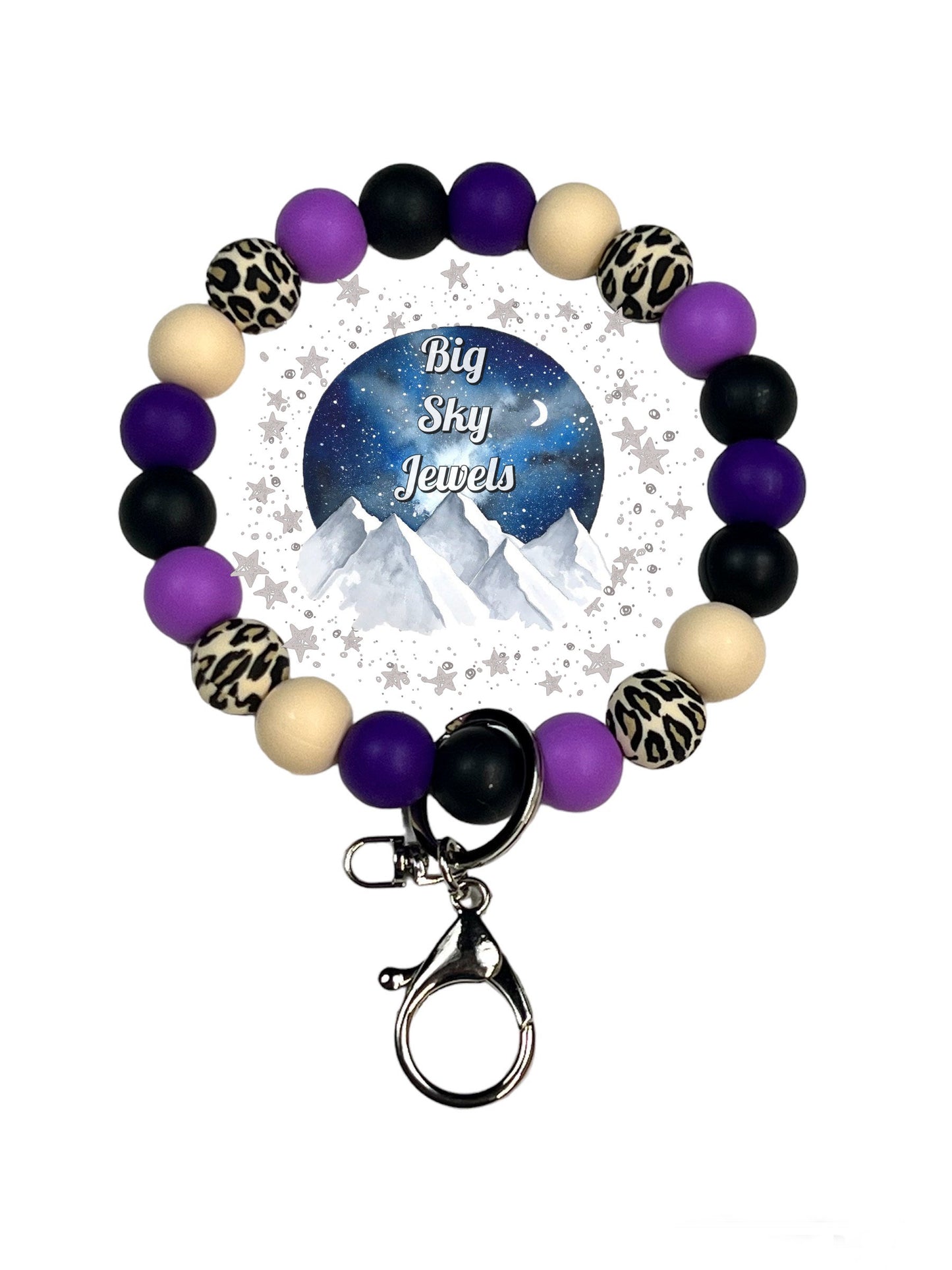Purple Leopard Silicone Wristlet Keychain NO FOCAL BEAD Leopard Print, Black, Beige, Lavender Purple and Royal Purple. Ages 8+ Kids or Ladies Moms