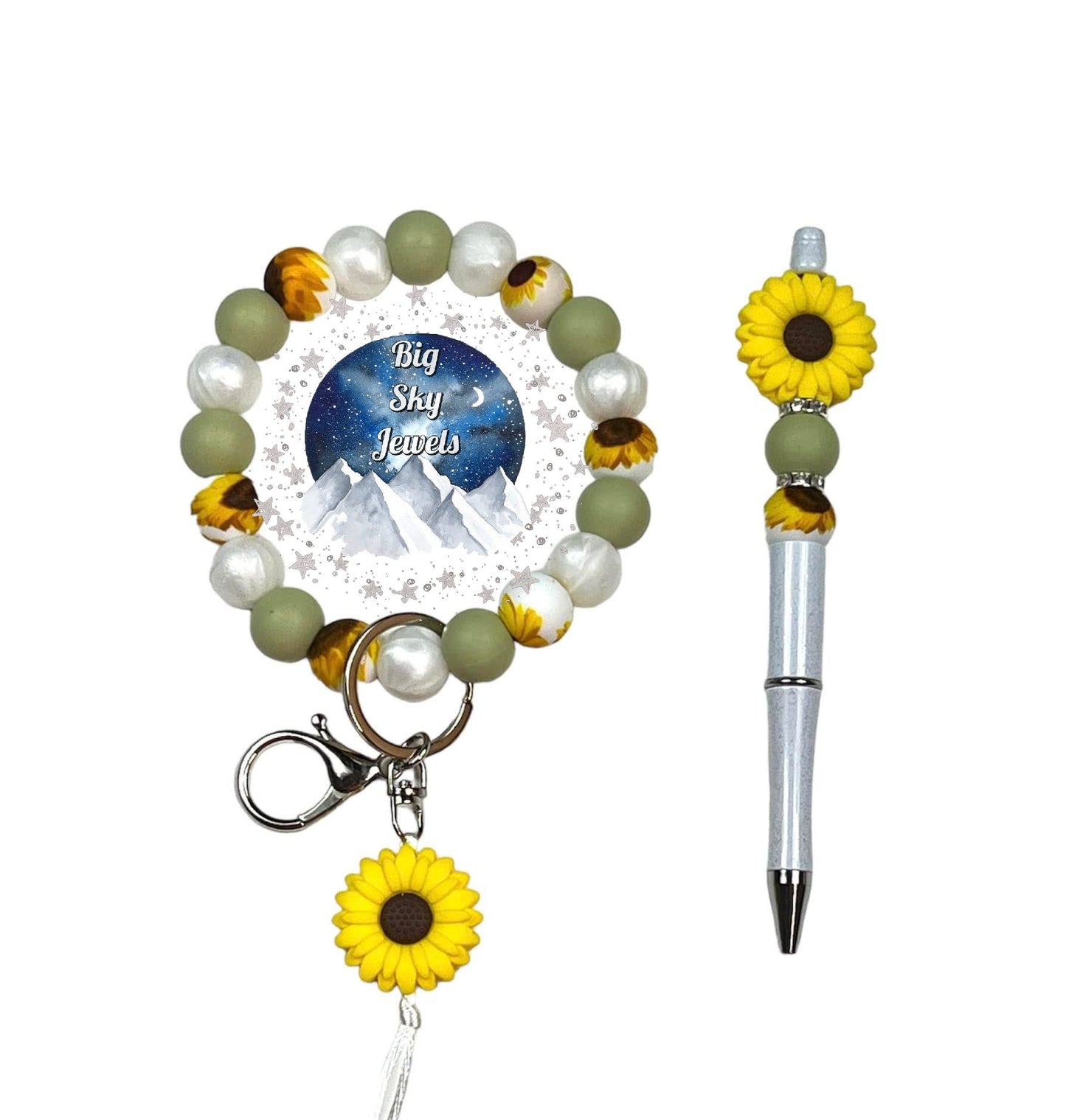 Sunflower Silicone Wristlet Keychain + Pen Set Sunflower Print, White, Green and Yellow, Ladies Mothers Day Moms Spring Flowers Easter