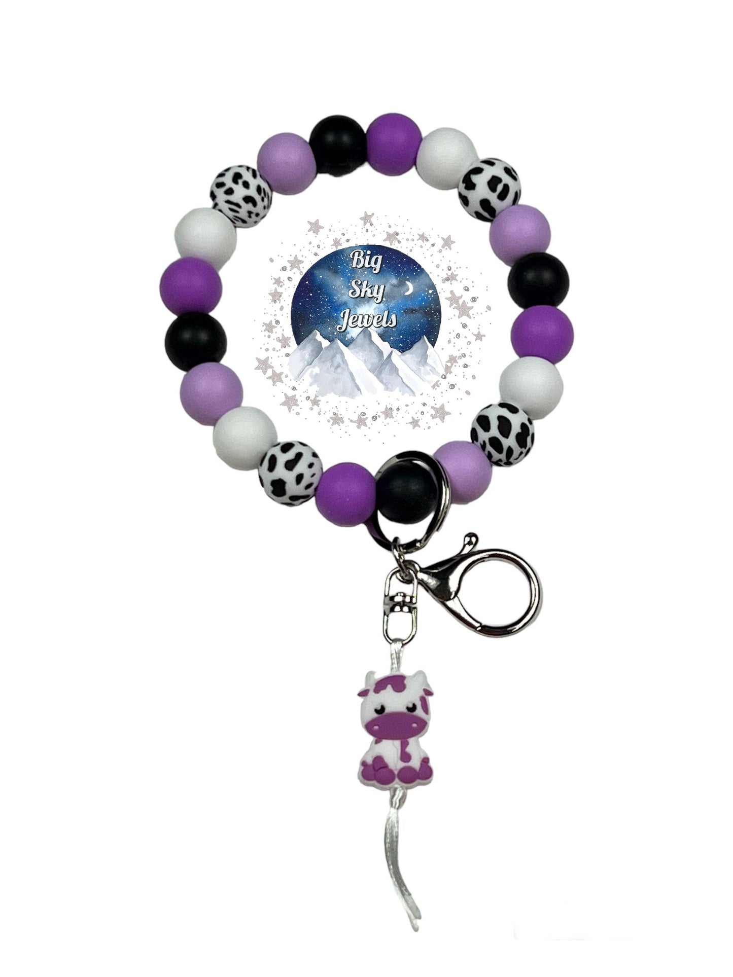Dottie the Cow Wristlet Keychain Design #2 White W/ Black Cow Print Silicone Cow Print Beads, Black, Lavender Mist, Lavender Purple and White. Ages 8+ Kids or Ladies Moms Western West