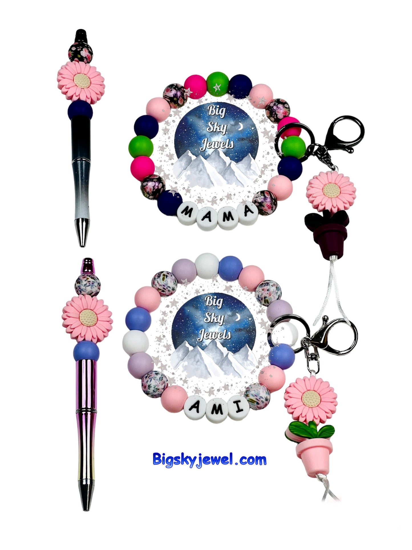 CUSTOM order of 2 Silicone Wristlet Keychains + 2 Pens, Flowers, Multicolors, Ages 8+ Kids, Ladies, Mom