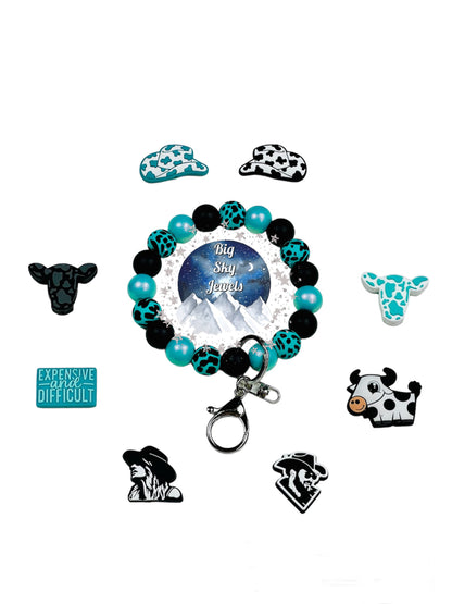 Focal Bead Ideas for Turquoise Cow Wristlet Keychain Silicone Turquoise Cow print, Turquoise Opal, and Black Ages 8+ Kids or Ladies Moms Summer Fall Western West Choose 1