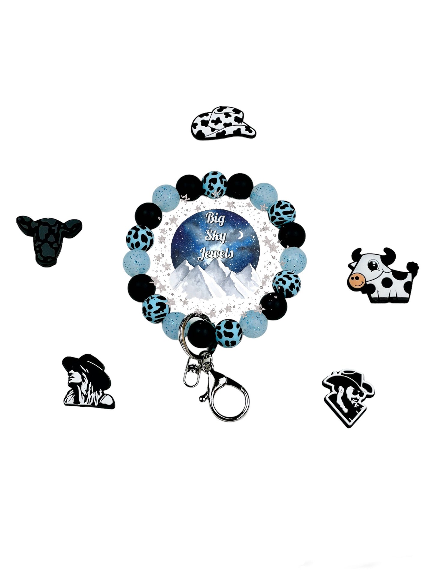 Focal Bead Ideas for Light Blue Glitter Cow Wristlet Keychain Silicone Light Blue Cow print, Light Blue Glitter, and Black Ages 8+ Kids or Ladies Men Western West Choose 1