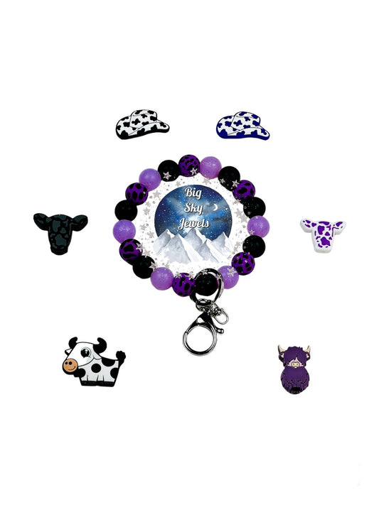 Focal Bead Ideas for Purple Glitter Cow Wristlet Keychain Silicone Purple Cow print, Purple Glitter, and Black Ages 8+ Kids or Ladies Men Western West Choose 1