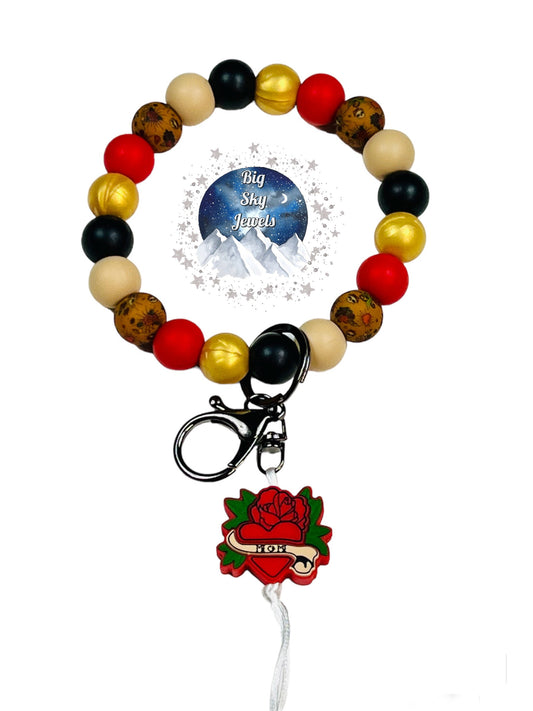 Tattoo Mom Rose Silicone Wristlet Keychain Black, Gold, Red, Oatmeal, & Tattoo Print, Skull, Roses, Love, Hearts Ages 8+ Ladies Women Moms