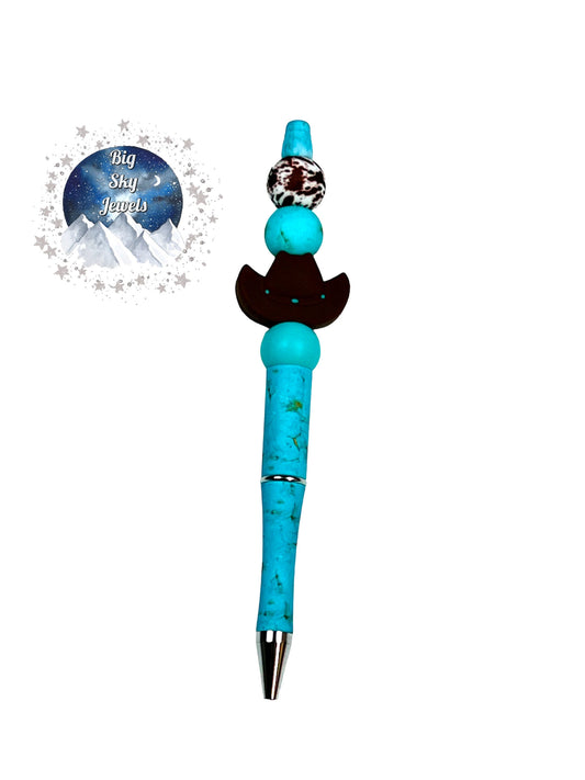 Cowboy Hat Pen Silicone Turquoise Stone, Brown Cow, Turquoise, & Brown Ages 5+ Kids or Ladies Moms Men Western West