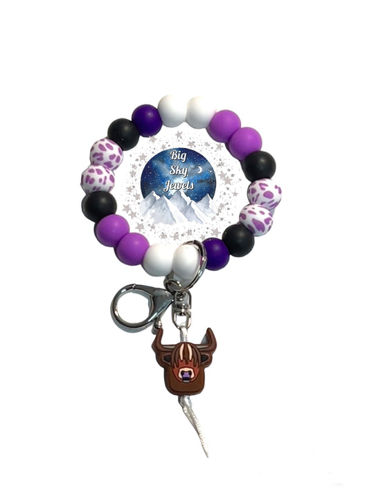 Lavender Nose Long Horn Cow Wristlet Keychain Silicone White & Purple Cow Print Beads, Black, Purple, Deep Purple and White. Ages 8+ Kids or Ladies Moms Men Western West