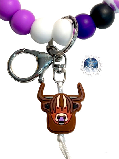 Lavender Nose Long Horn Cow Wristlet Keychain Silicone White & Purple Cow Print Beads, Black, Purple, Deep Purple and White. Ages 8+ Kids or Ladies Moms Men Western West