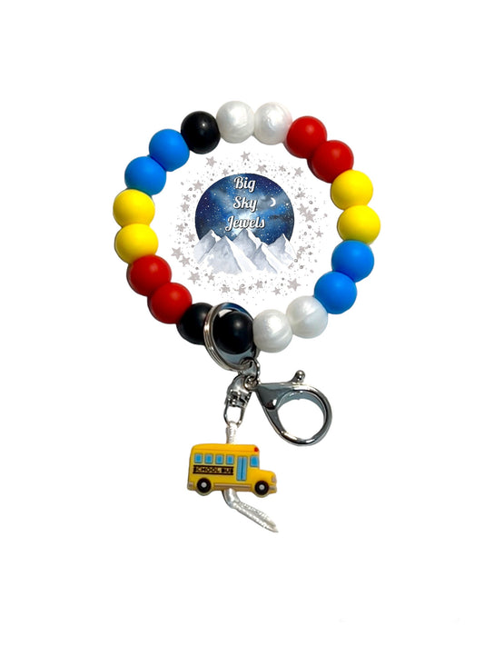 School Bus Wristlet Keychain Silicone, Yellow, Red, Blue, Black, & White Pearl School Ages 8+ Kids, Ladies Men