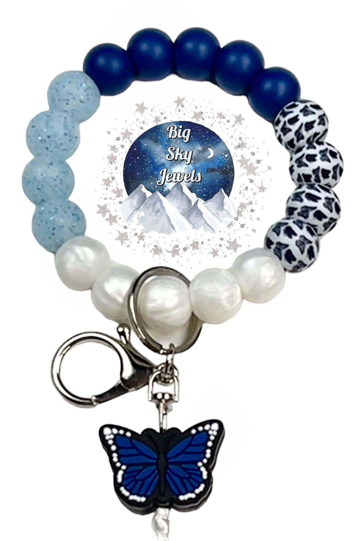 Blue Butterfly Wristlet Keychain Silicone, Butterfly Print, White Pearl, Blue, and Glitter Blue. Ages 8+ Kids or Ladies Moms