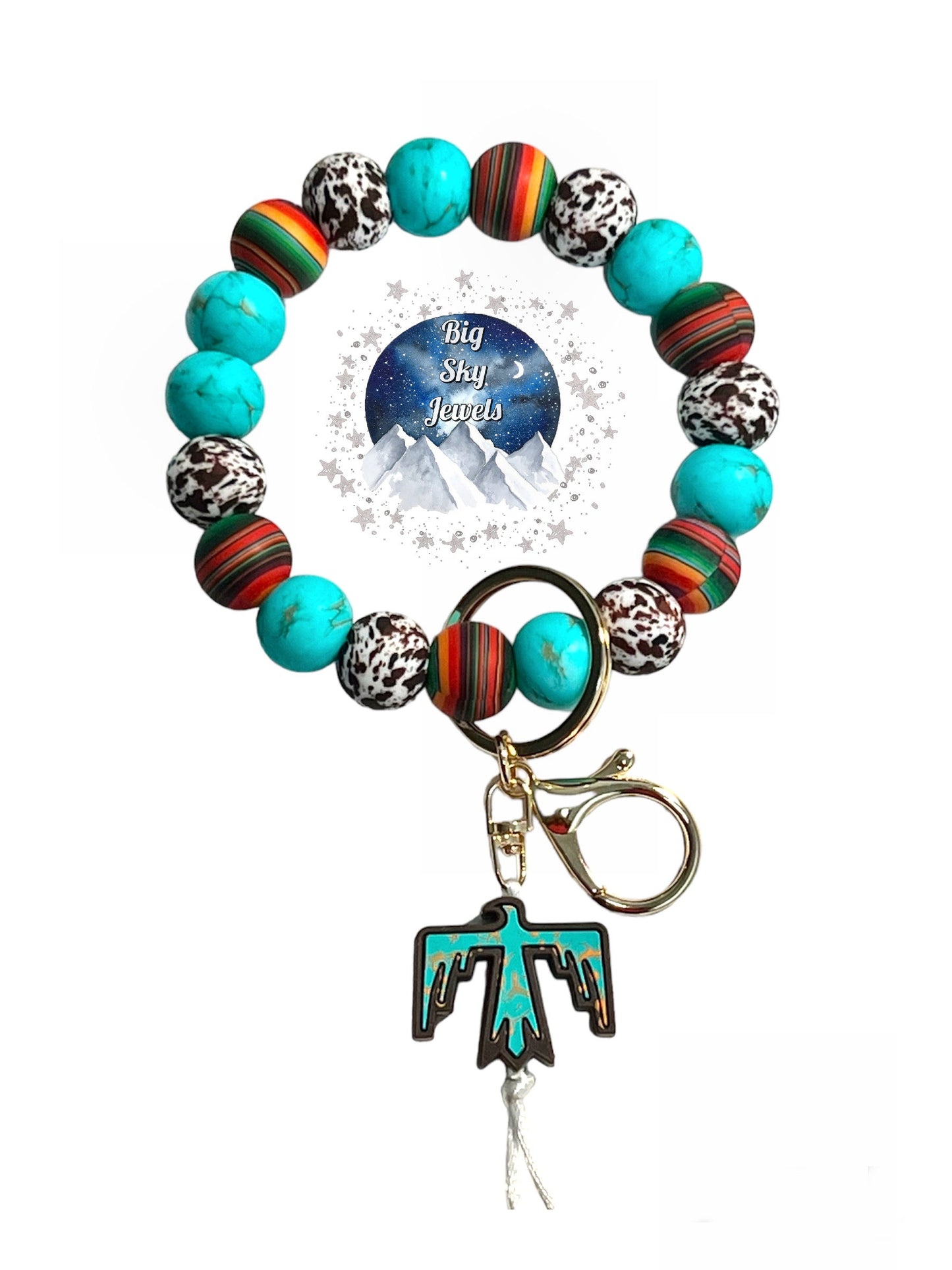 South Western Thunderbird Wristlet Keychain Silicone Serape, Turquoise Stone, & Brown Cow, Ages 8+ Kids or Ladies Moms West