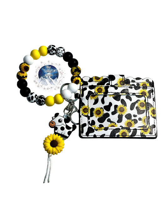 Sunflower & Cow Wristlet Silicone Keychain + Wallet Sunflower Print, Black, Brown, and Yellow Ages 8+ Kids or Ladies Moms