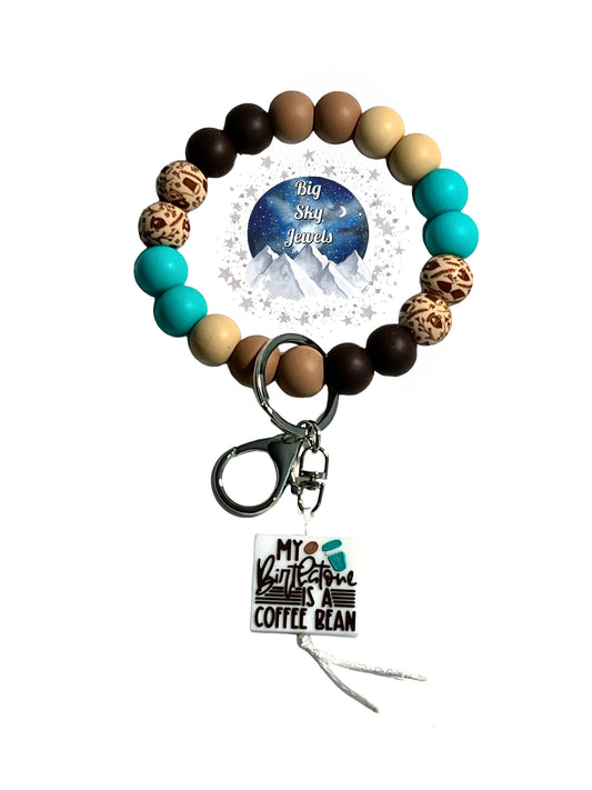 “My Birthstone Is A Coffee Bean” Wristlet Keychain Silicone Turquoise, Coffee Print, Oatmeal, Camel & Dark Brown Ages 8+ Kids or Ladies, Men, Moms
