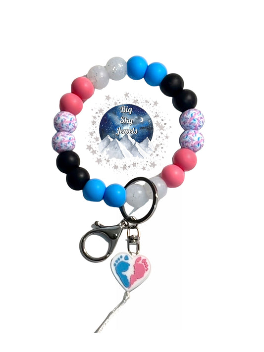 👣 Miscarriage Awareness w/Foot Prints Wristlet Keychain Silicone Pink, Blue, Ribbon Print, White Glitter & Black Ages 8+ Ladies, Men, Moms, Women Remembrance