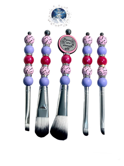 💋 You Are Enough! Silicone Make Up Brush Set Eyelashes Print, Macaroon Purple, Dark Pink Opal, Rhinestones Ages 16+ Hearts Ladies Women