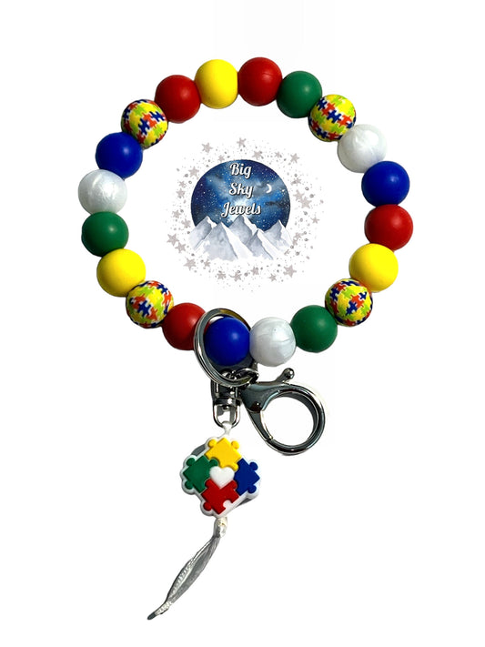 Autism Love Wristlet Keychain Silicone Red, Autism Print, White, Yellow, Green & Blue Ages 8+ Kids or Ladies, Men, Moms