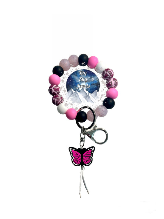 Pink Butterfly Wristlet Keychain Silicone, Butterfly Print, White, Pink, Black, and Glitter. Ages 8+ Kids or Ladies Moms