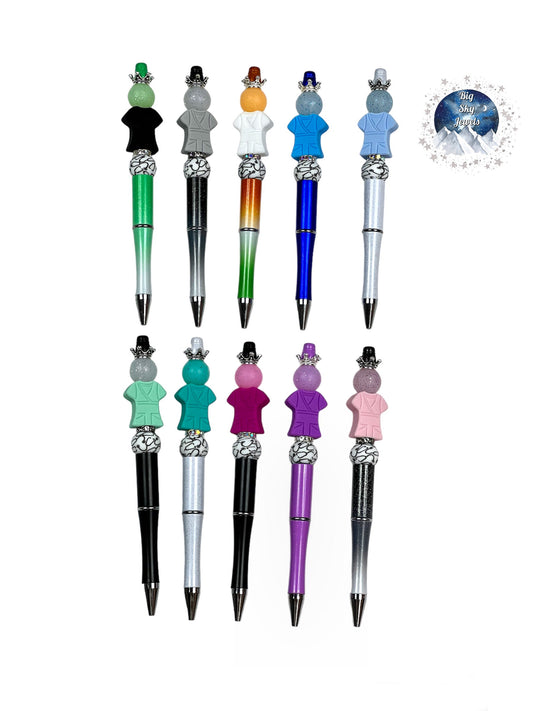 Nurse Healthcare Worker Scrub Pen Black, Gray, White, Sky Blue, Pastel Blue, Mint Green, Turquoise, Fuschia, Purple, Pink, Stethoscope Print Bead, Glitter Beads, Crowns Ages 5+ Kids or Ladies Moms Men Multiple Variation Listing