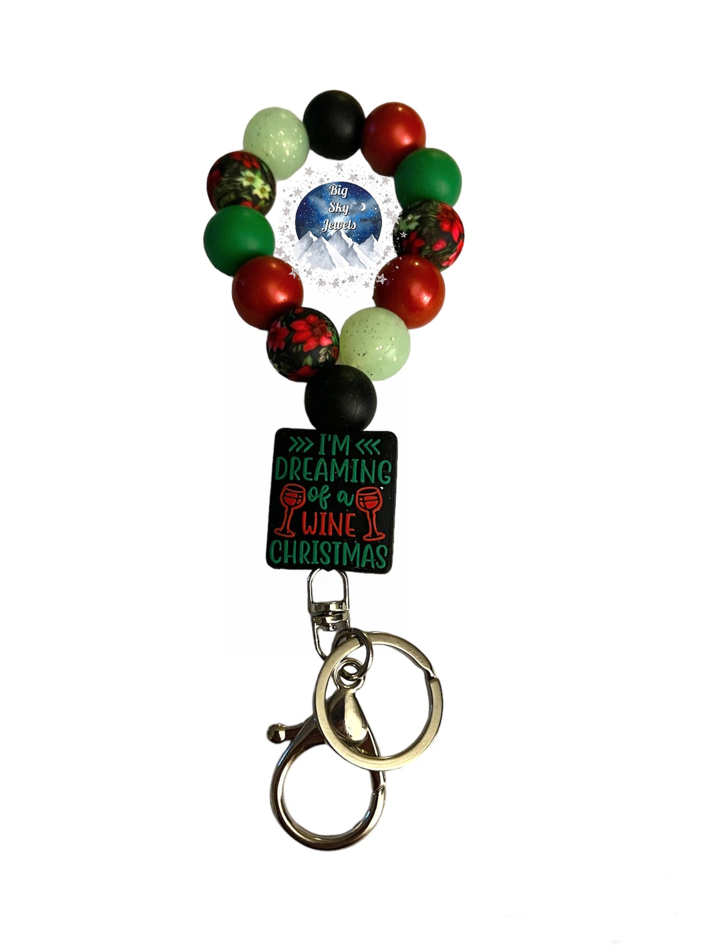 I'm Dreaming of a Wine Christmas Silicone Teardrop Keychain Opal Red, Poinsettia Print, Green, Black, & Green Glitter Ages 8+ Kids or Ladies Christmas Holidays