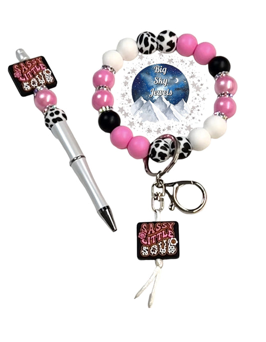 "Sassy Little Soul" Silicone Wristlet Keychain + Pen Set Pink, Black, Black  & White Cow Print, Pink Opal, White Ladies Mothers Day Moms Gift Montana