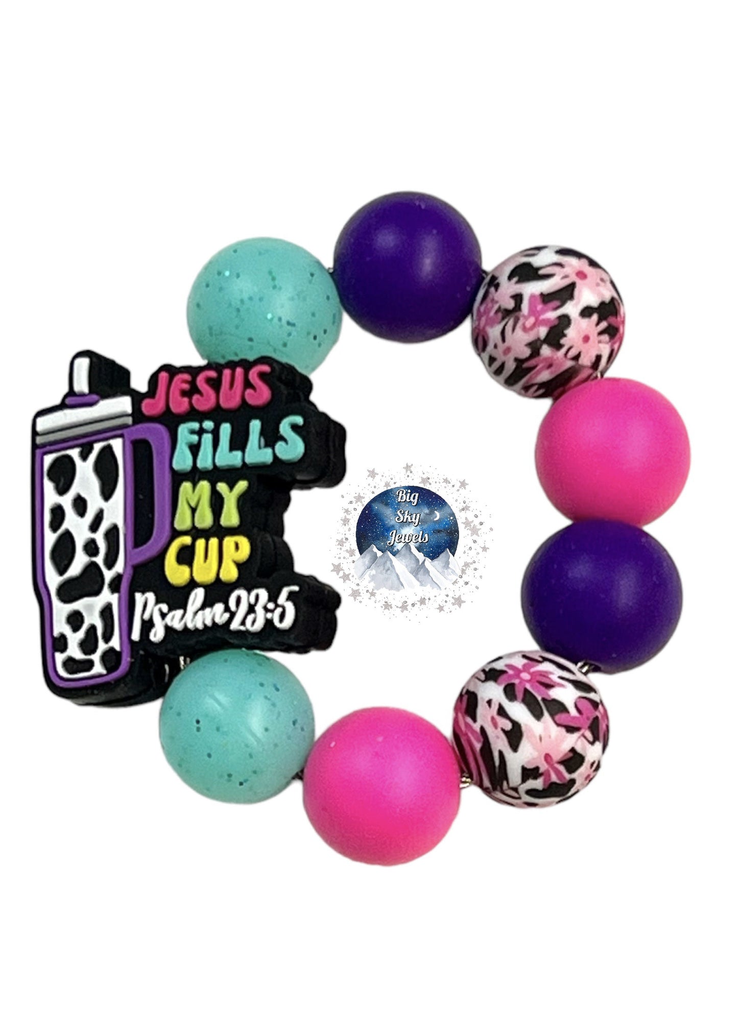 Jesus Fills My Cup Silicone Cup Charm, Pink, White & Black Flower Cow Print, Turquoise Glitter, & Purple Ages 8+ Kids or Ladies Summer Spring Tumbler Cup Accessory