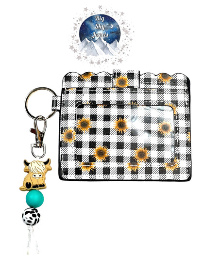 Hamish Cow Silicone Charm W/Sunflower Wallet ID Card Holder Black & White Cow Checked Print, Black, White, Turquoise and Yellow Ages 5+ Kids or Ladies Moms Mother's Day Gift Western