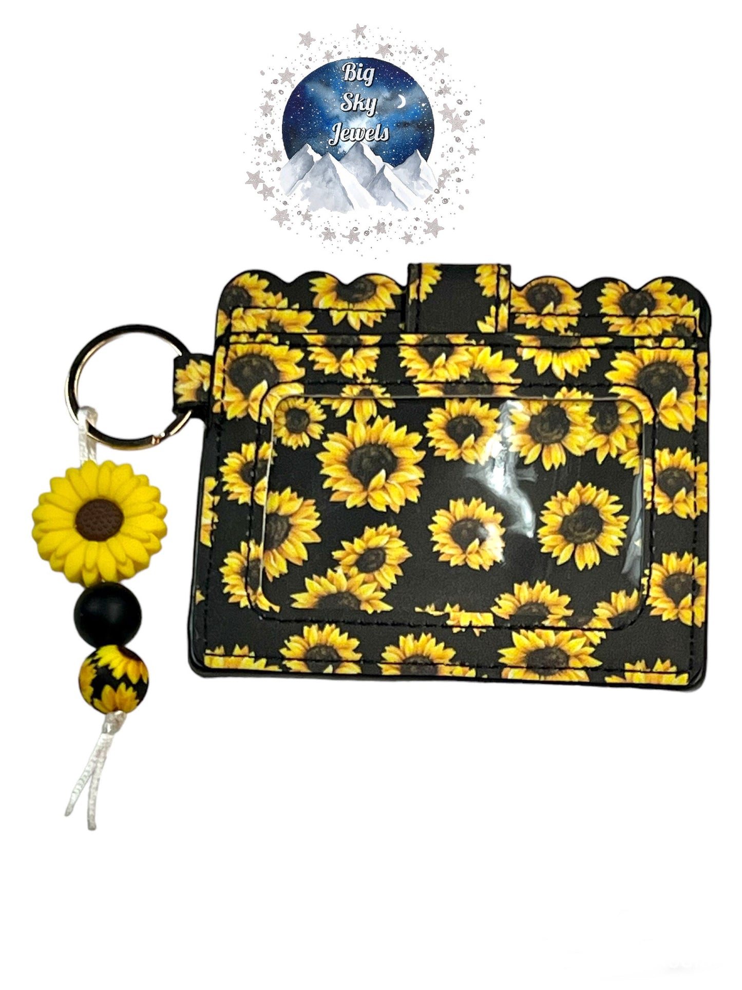 Sunflower Silicone Charm W/Sunflower Wallet ID Card Holder Black & Sunflower Print, Black and Yellow Ages 5+ Kids or Ladies Moms Mother's Day Gift Spring Summer