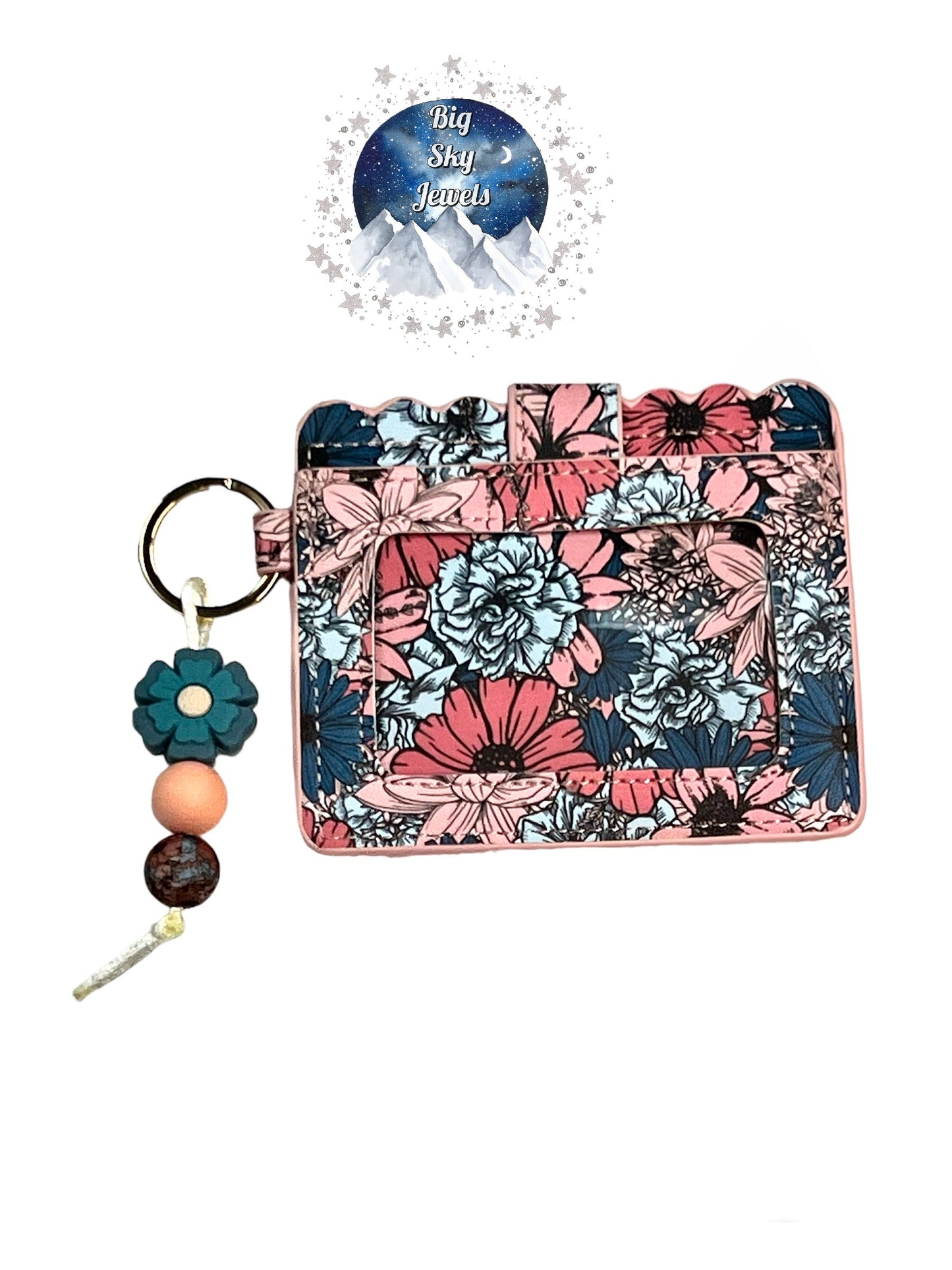 Blue Flower Silicone Charm W/Dreamy Floral Wallet ID Card Holder, Flower Print & Peach Ages 5+ Kids or Ladies Moms Mother's Day Gift Spring