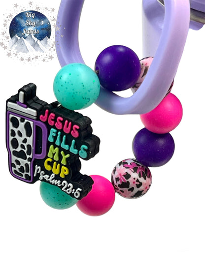 Jesus Fills My Cup Silicone Cup Charm, Pink, White & Black Flower Cow Print, Turquoise Glitter, & Purple Ages 8+ Kids or Ladies Summer Spring Tumbler Cup Accessory