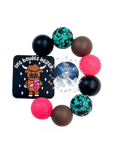 One Boujee Heifer Silicone Cup Charm, Black, Turquoise & Black Cow Print, Pink Glitter, & Brown Ages 8+ Kids or Ladies Summer Fall Western West Montana Tumbler Cup Accessory