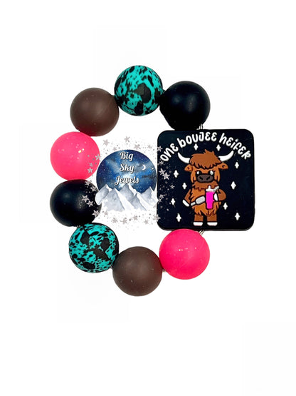 One Boujee Heifer Silicone Cup Charm, Black, Turquoise & Black Cow Print, Pink Glitter, & Brown Ages 8+ Kids or Ladies Summer Fall Western West Montana Tumbler Cup Accessory