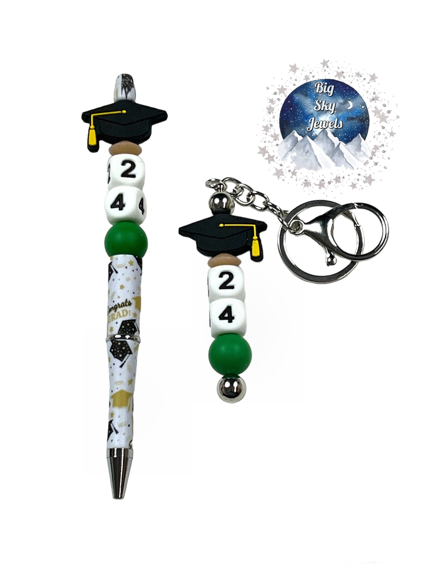 Graduation Hat CMR Silicone Keychain Bar + Pen Set Green, Gold Glitter, Black, & White Congrats Ages 8+ Ladies Moms Men Dads Kids Teens High School Grad Gifts