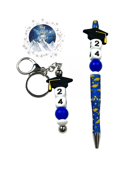 Graduation Hat Great Falls High Silicone Keychain Bar + Pen Set Blue, White, Ages 8+ Ladies Moms Men Dads Kids Teens High School Grad Gifts