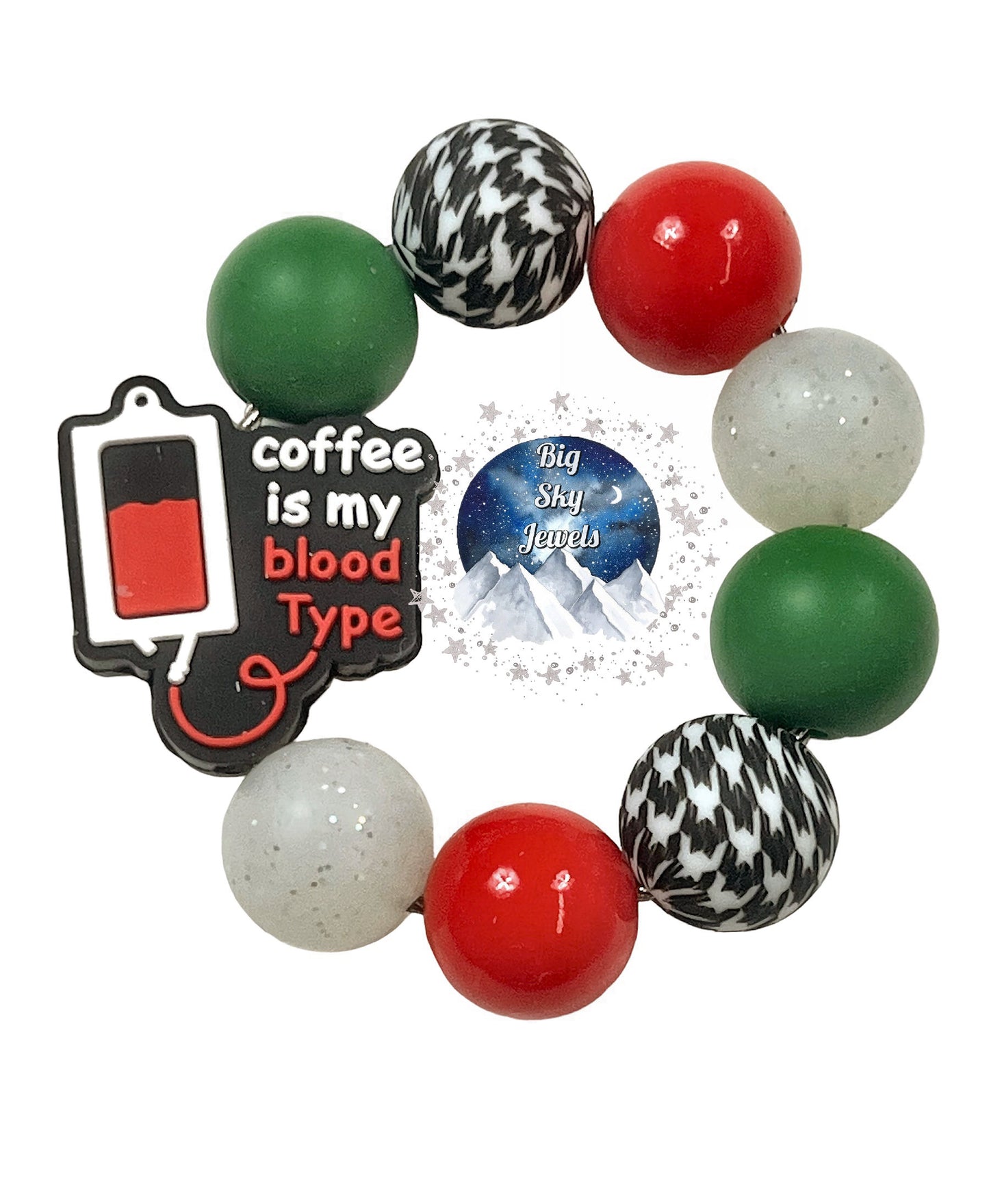 Coffee is my Blood Type Silicone Cup Charm, Green, Liquid Red, White Glitter & Houndstooth Print, Ages 8+ Kids, Ladies, Men Summer Tumbler Cup Accessory