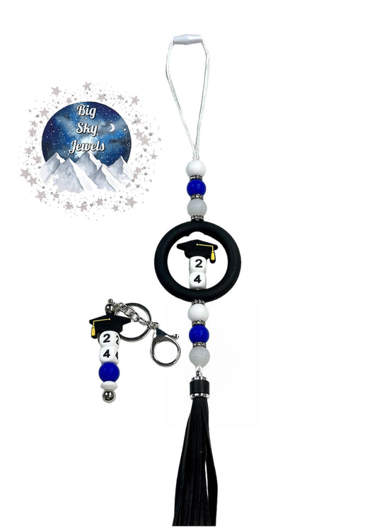 Graduation Hat Great Falls High Silicone Keychain Bar + Car Charm Set Blue, White, Ages 8+ Ladies Moms Men Dads Kids Teens High School Grad Gifts