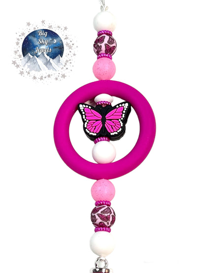 💋 Pink Butterfly Silicone Car Charm Butterfly Print, White, Pink, Black, and Glitter. Ages 8+ Kids or Ladies Moms Spring Summer Rear View Mirror Accessory