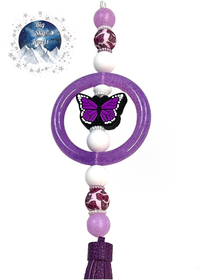 💋 Purple Butterfly Silicone Car Charm Butterfly Print, White, Purple, Black, and Glitter. Ages 8+ Kids or Ladies Moms Spring Summer Rear View Mirror Accessory