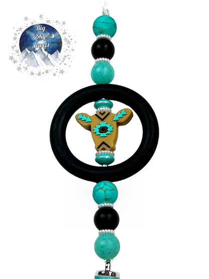 💋 Aztec Cow Silicone Car Charm Black, Turquoise Stone Print, Turquoise Glitter, Latte Tan and Black Rear View Mirror Accessory Ages 8+ Kids or Ladies Women Men Mother's Day Gift