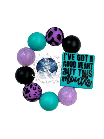 Good Heart Silicone Cup Charm, Black, Purple & Black Cow Print, Purple Glitter, & Turquoise Ages 8+ Kids or Ladies I've Got A Good Heart But This Mouth Tumbler Cup Accessory