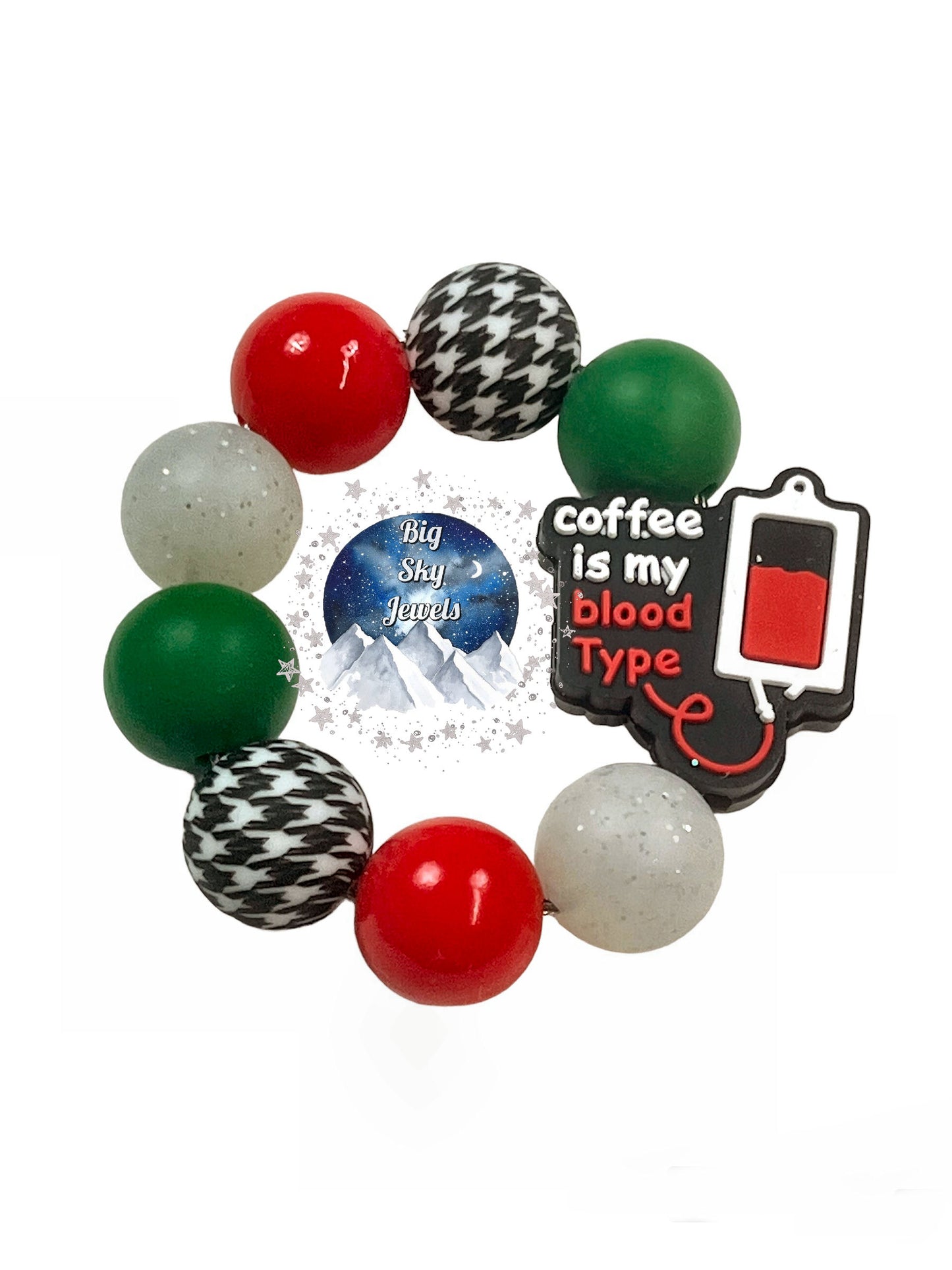 Coffee is my Blood Type Silicone Cup Charm, Green, Liquid Red, White Glitter & Houndstooth Print, Ages 8+ Kids, Ladies, Men Summer Tumbler Cup Accessory