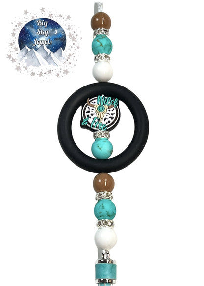 Wild & Free Bull Skull Silicone Car Charm Black, White Liquid, Tan Liquid, Turquoise Stone Print Rear View Mirror Accessory Ages 8+ Kids or Ladies Women Men Mother's Day Gift Western Montana Boujee