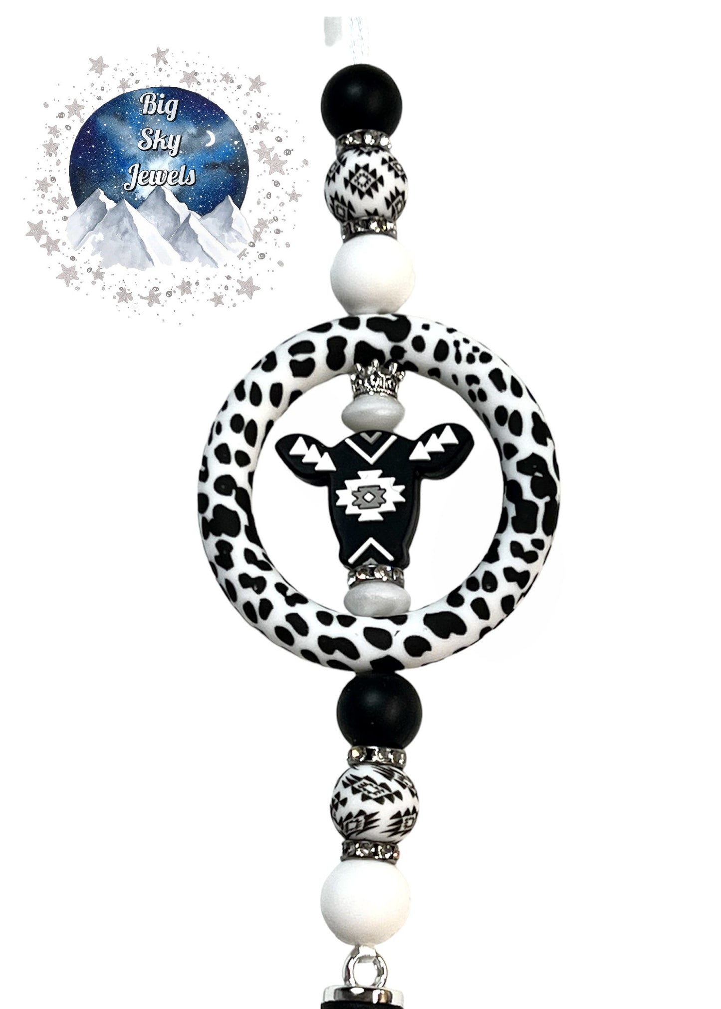 💋 Aztec Cow Silicone Car Charm Black & White Aztec Print, Black and White Rear View Mirror Accessory Ages 8+ Kids or Ladies Women Men Mother's Day Gift