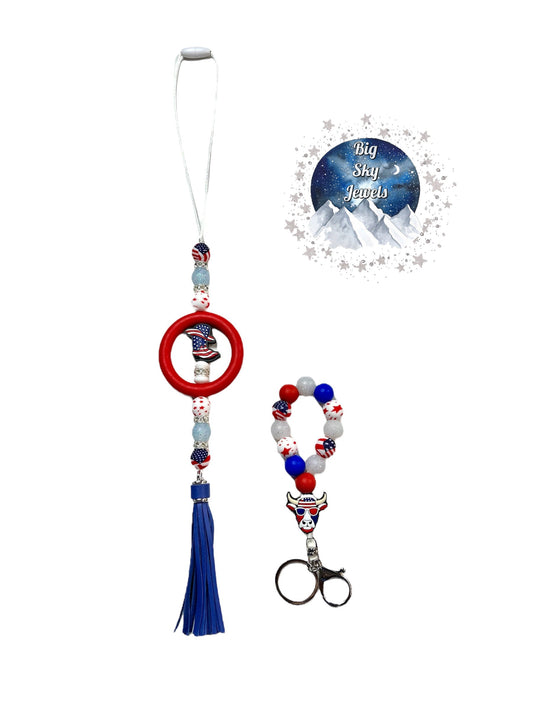 Patriotic USA Silicone Tear Drop Keychain + Car Charm Set Blue, White, Red, Ages 8+ Ladies Moms Men Dads Kids Teens Gifts