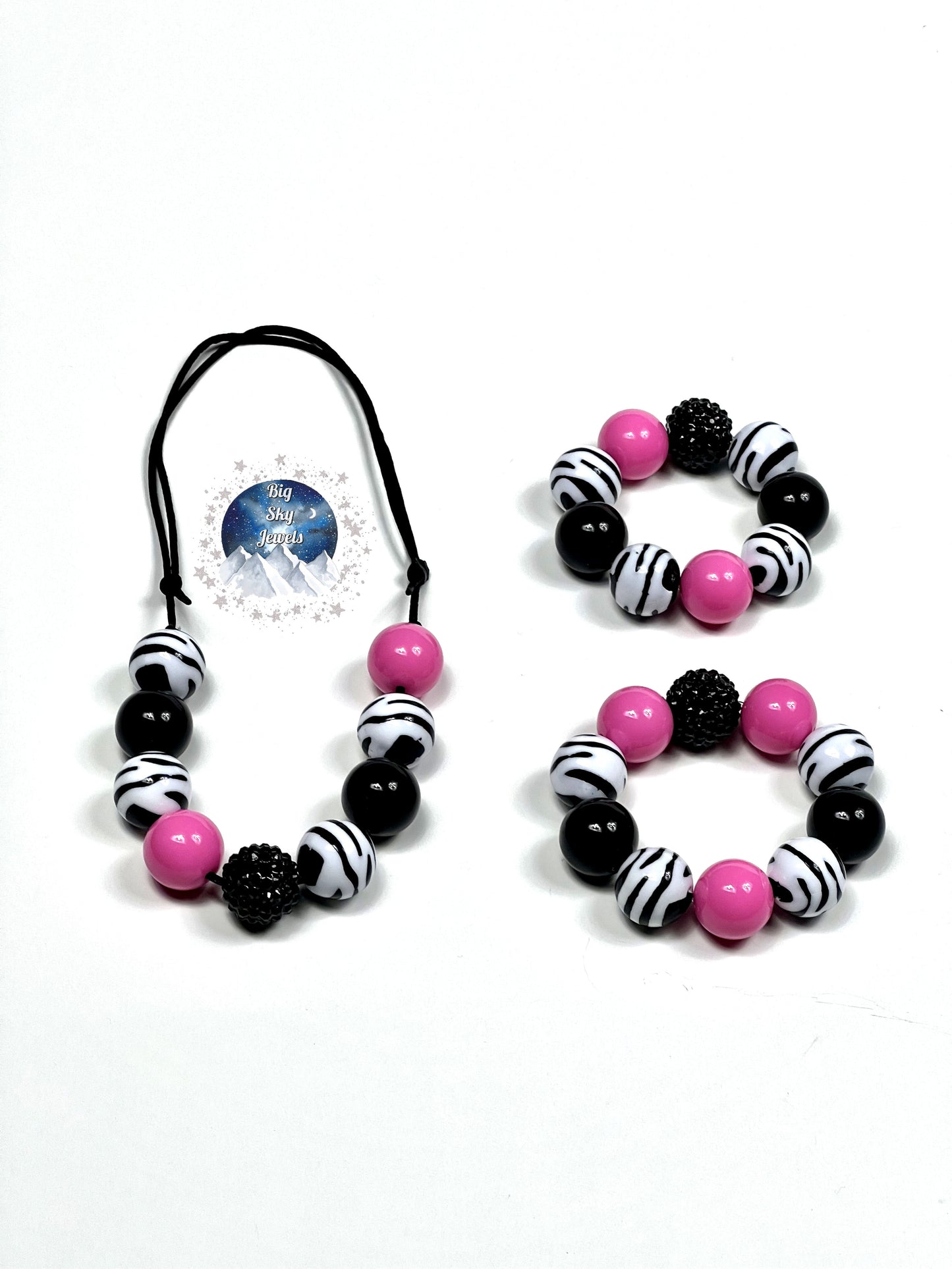 Pink Zebra Chunky Bubblegum Necklace OR Bracelet Pink, Black & White Zebra Stripes Ages 3+ Girls or Boys Jewelry Summer Spring Multiple Variation Listing