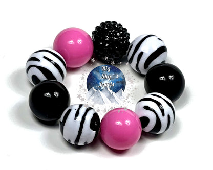 Pink Zebra Chunky Bubblegum Necklace OR Bracelet Pink, Black & White Zebra Stripes Ages 3+ Girls or Boys Jewelry Summer Spring Multiple Variation Listing