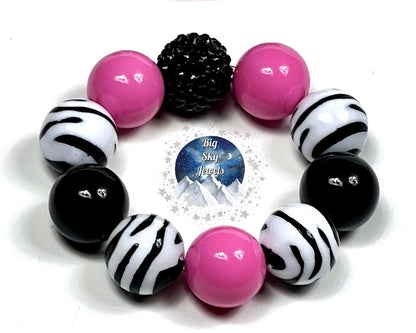 Pink Zebra Chunky Bubblegum Necklace OR Bracelet Pink, Black & White Zebra Stripes Ages 3+ Girls or Boys Jewelry Summer Spring Multiple Variation Listing