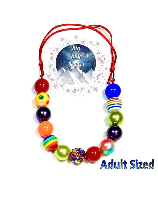Rainbow Chunky Bubblegum Necklace Adult Size Red Green Purple Blue Orange Ages 3+